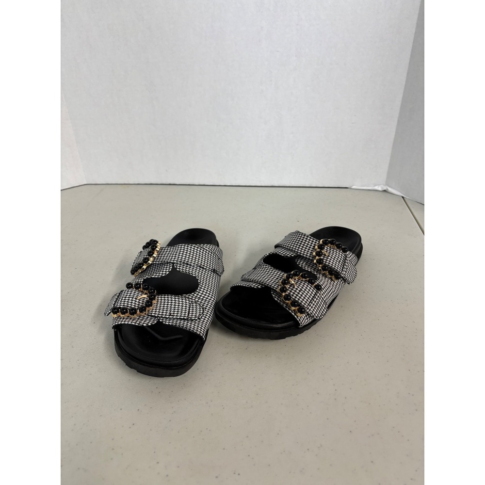 MKS‎ Womens Houndstooth Beaded Buckle Slide Sandals Black White Size 8